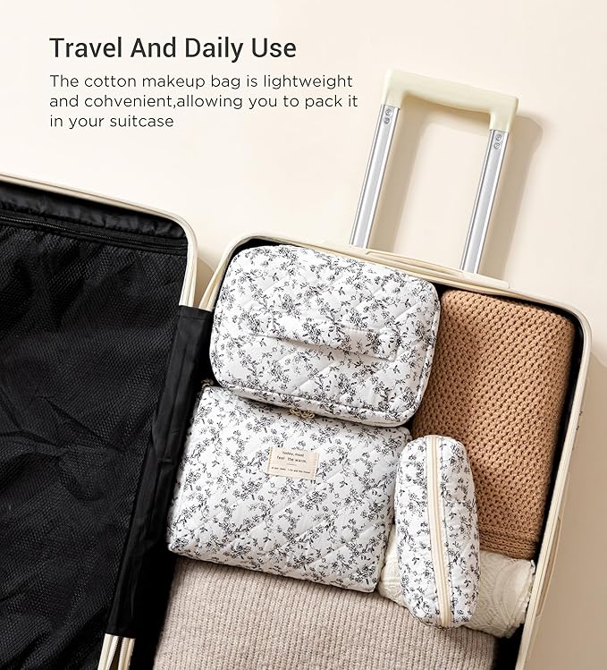 HBselect Quilted Makeup Bag, 3PCS Cotton Large Travel Makeup Bag, Cute Floral Coquette Makeup Bag Cosmetic Bag Toiletry Bag for Women Girls