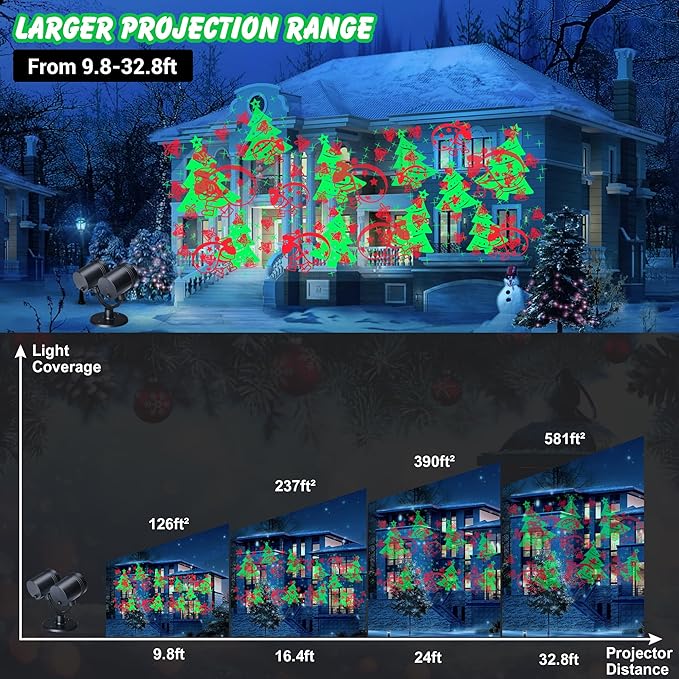Toodour Christmas Projector Lights Outdoor, Double Head Dynamic Projector Christmas Lights with Timer - Waterproof Holiday Decorative Lighting for Yard Home Wall Window Indoor Christmas Decorations