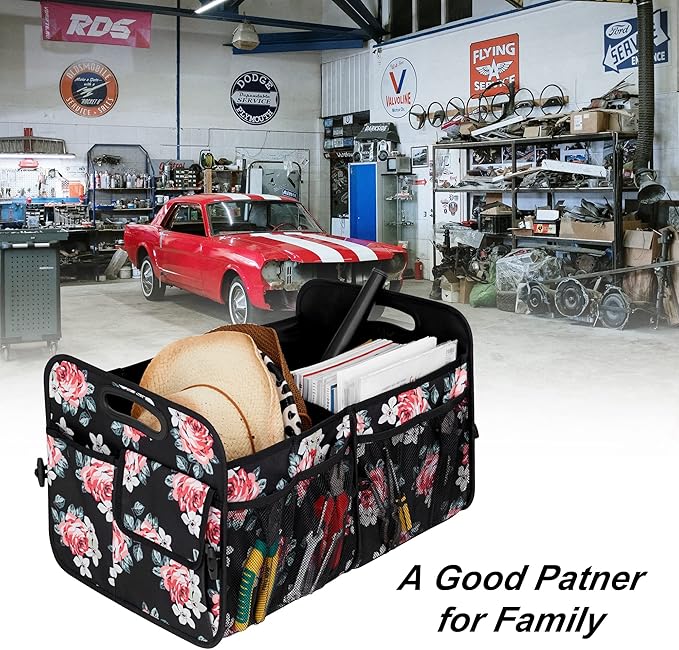 Femuar Car Trunk Organizer, Car Storage Organizer with 72L Large Capacity, Waterproof, Collapsible, and 11 Pockets, Trunk Organizer for Car SUV/Jeep/Sedan, Large Size, Flower