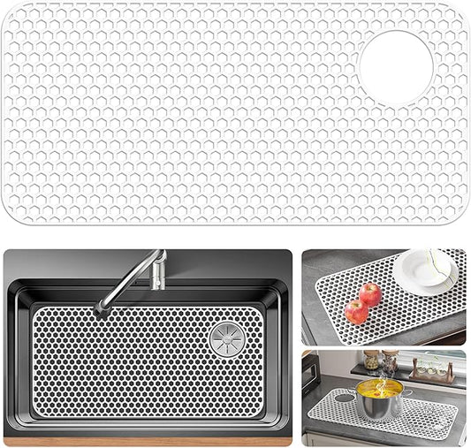Silicone Sink Protectors for Kitchen Sink - 28.4"x 14.3" Kitchen Protector Accessory, Non-Slip Heat Resistant Mat for Bottom of Farmhouse Porcelain Stainless Steel(Top Right Drain Hole,White)