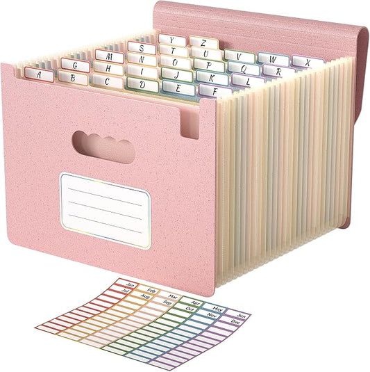 ABC life 26 Pockets Accordion File Organizer, High Capacity Expanding File Folder for Letter A4 Size, Portable Document Holder with A-Z Tabs for Tax Receipt, Teacher & Home Office - Blush Pink
