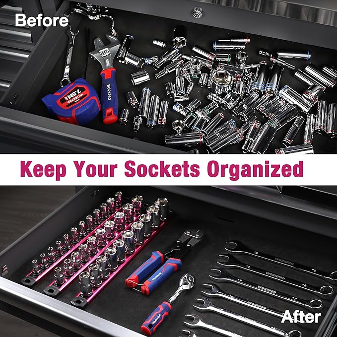WORKPRO Magnetic Socket Organizer, 3/8-Inch Drive Aluminum Alloy Socket Rail, Heavy Duty Socket Holder, Socket Rack Kit 3/8-Inch x 10 Clips Rose Red (Socket not Included)