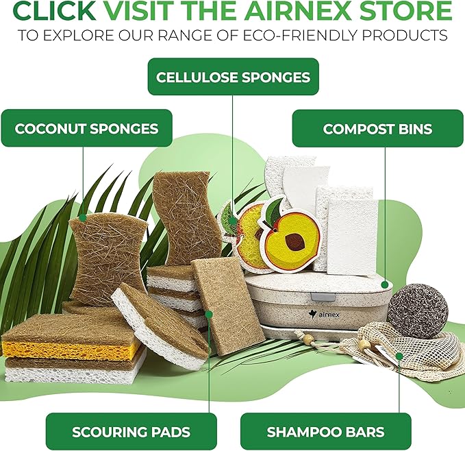 AIRNEX Biodegradable Natural Kitchen Sponge - Compostable Cellulose and Coconut Walnut Scrubber Sponge (12 Pack)