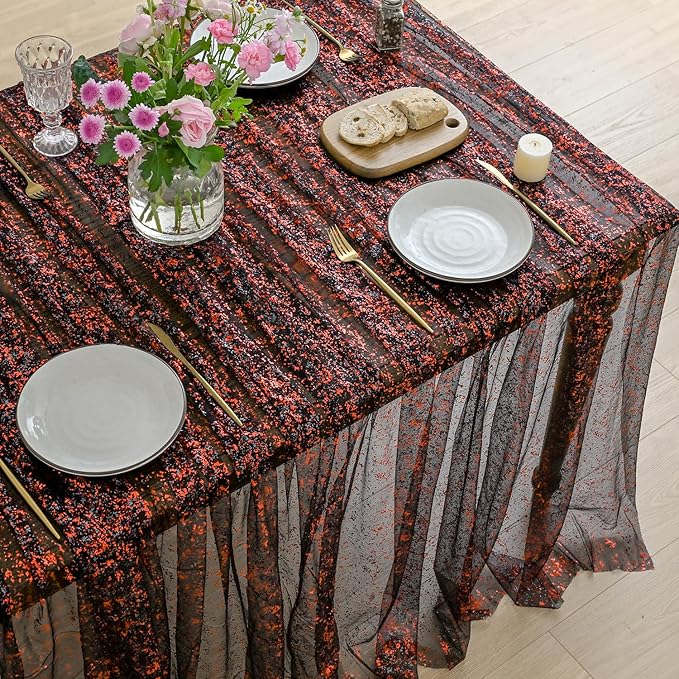 Horaldaily Black Red Gold Gauze Tablecloth 60x120 Inch Rectangular, Black Red Sequin Glitter Metallic Foil, Sheer Tulle Cheesecloth for Wedding Baby Shower Ceremony Birthday
