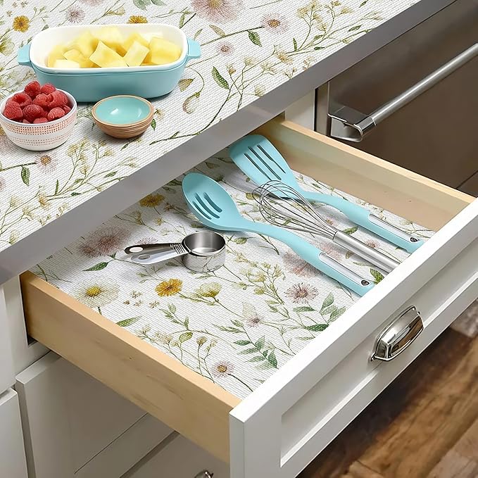 Tatyanna Drawer and Shelf Liner for Kitchen Cabinets Non Adhesive Drawer Liners Floral Cabinet Liner Strong Grip Non Slip Shelf Liners Waterproof Kitchen Cupboard Liner Easy to Clean 12IN x 16.4FT