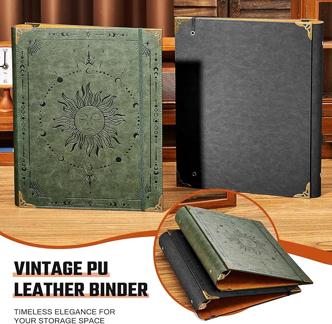 Ovesmusl PU Leather 3 Ring Binder Fits 8.5"x11" Letter Size Paper, 1.5 Inch Round Ring Binder Holds 350 Sheets, Notepad Paper Cover Loose Leaf Organizer, Black Sun