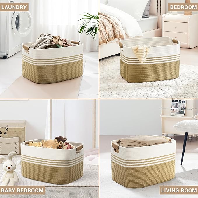 SunNewt 86L Extra Large Laundry Basket with Leather Handles for Living Room Storage, Woven Rope Baskets for Blanket, Kids Toy, Gifts, Wicker Hamper for Bedroom Dirty Clothes, 24"x16"x14" Khaki