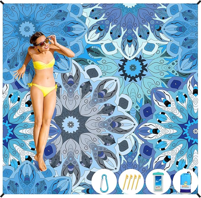 BYDOLL Beach Blanket Waterproof Sandproof 78''×81'' Suits1-4 Adults Compact Lightweight Oversized Sand-Free Blanket Large Picnic Mat for Beach Travel Camping Hiking