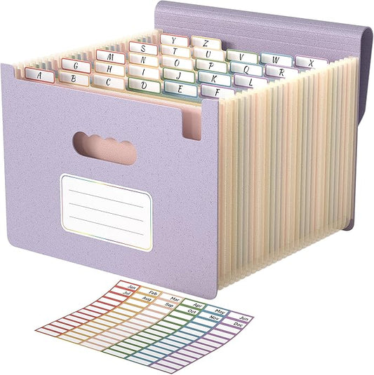 ABC life 26 Pockets Accordion File Organizer, High Capacity Expanding File Folder for Letter A4 Size, Portable Document Holder with A-Z Tabs for Tax Receipt, Teacher & Home Office -Dusty Lavender