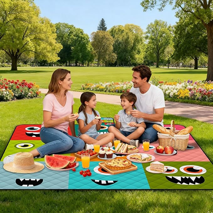 Extra Large Picnic Blanket Waterproof,80"x 80"Foldable Machine Washable Beach Blankets,Outdoor Blanket for 6-8 Adults,Picnic Mat Suitable for Indoor Crawling,Park Beach,Camping,Hiking,Travel (Face）