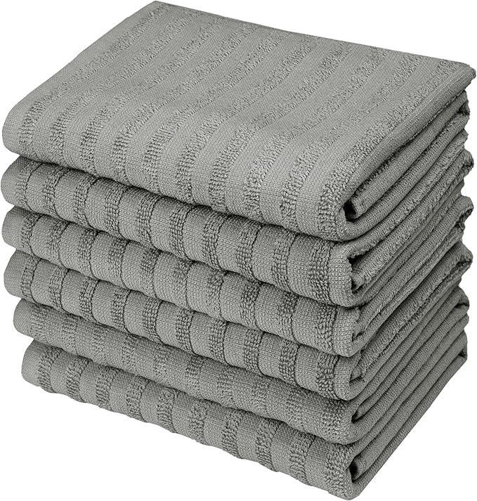 Premium Kitchen Towels (20”x 28”, 6 Pack) | Large Cotton Dish Towels 450 GSM | Highly Absorbent Terry Kitchen Linen Set with Hanging Loop | Gray Solid
