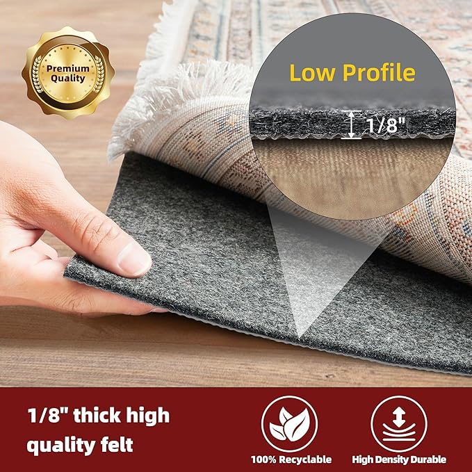 BAGAIL Felt and Natural Rubber Backing Rug Pads 1/8” Thick, 6 x 9 Ft Non Slip Rug Gripper Keep Rugs in Place, Under Area Rug Protective Cushioned Pads, Carpet Runners, Hardwood Floors Protection