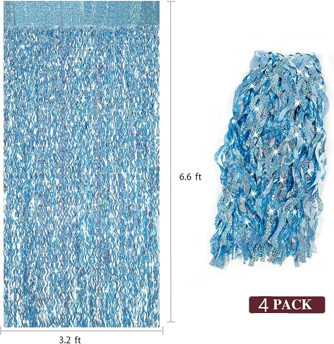 4 Pack Light Blue Party Foil Curtain - CYLMFC 3.3 ft x 6.6 ft Wavy Photo Booth Backdrop Metallic Tinsel Foil Fringe Curtains Environmental Background for Birthday Wedding Party Christmas Decorations