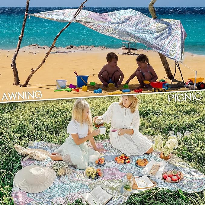 BYDOLL Beach Blanket Waterproof Sandproof Large Sand Free, 78''X110'' Oversized Sandless Lightweight Blanket Picnic Mat for Beach Travel Camping Hiking with Stakes