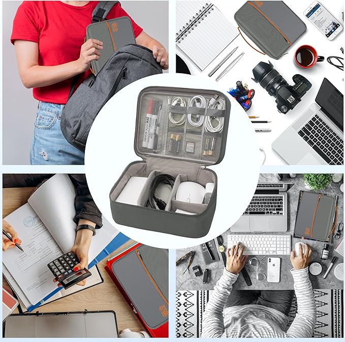 Electronics Organizer, Travel Cord Organizer Pouch, Portable Cable Organizer Bags, Waterproof Electronic Accessories Storage Case for Cables, Cords, Charger, Phone (Double Layer-Gray)