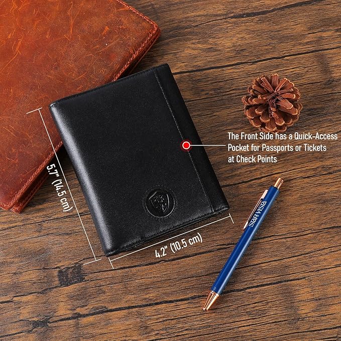 STAR VISTA Pilot Passport Wallet, Calfskin Leather Trifold Travel Documents Organizer, RFID Blocking, Dual ID Windows, Multiple Card Slots, AirTag Slot, Black