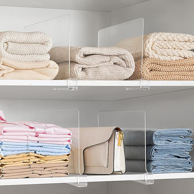 HBlife 7 Pack Clear Shelf Dividers, Vertical Purse Organizer for Closet Perfect for Sweater, Shirts, Handbags in Bedroom and Kitchen, Adjustable Acrylic Bookshelf for Organization