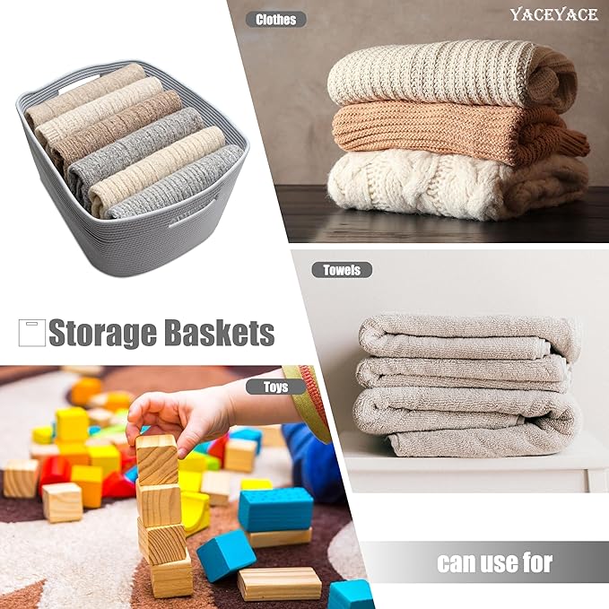 YACEYACE Fabric Bins Cube, 3 Pack Storage Cubes Organizer for Toy, Closet, Foldable Baskets for Shelves, Rope Baskets with Handles, 15''Lx10''Wx9''H