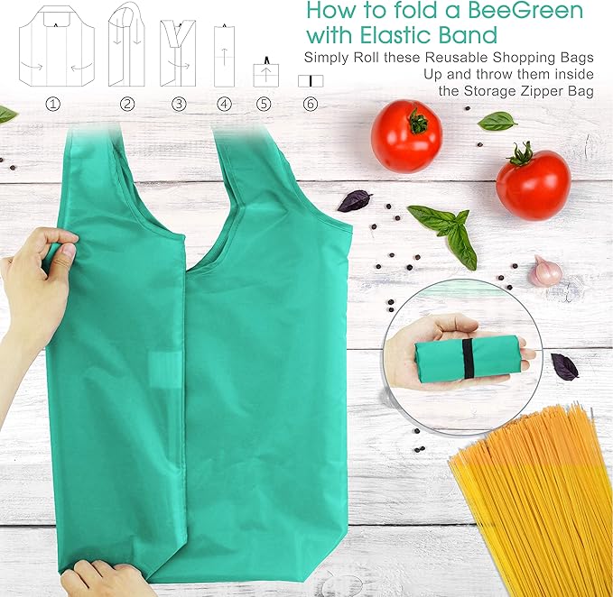 BeeGreen Reusable Grocery Bags, Foldable, Machine Washable, Reusable Shopping Bags Bulk, Colorful 10 Pack, 50LBS Extra Large Folding Reusable Bags Totes with Zipper Storage Pouch, Lightweight Polyester Fabric