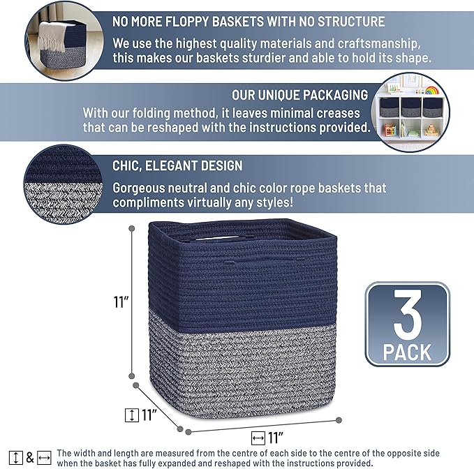 NaturalCozy Storage Cubes 11 Inch Cotton Rope Woven Baskets for Organizing, 3-Pack | Cube Storage Bin | Square Storage Baskets for Shelf Organizer, Classroom, Kids Toy Bins, Closet, Baby Nursery