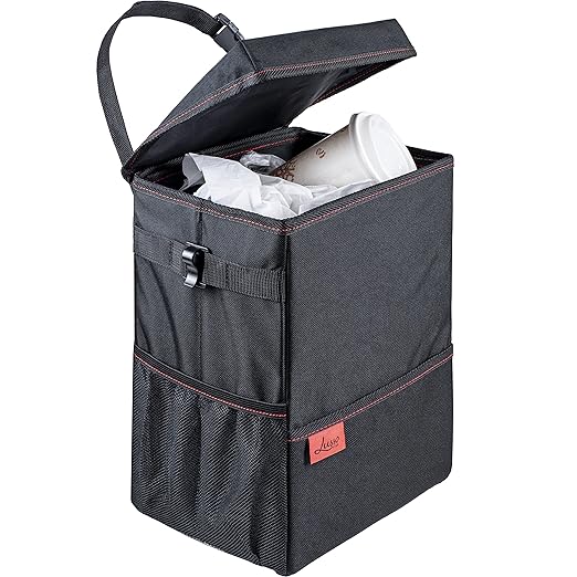 Lusso Gear Car Trash Can with Lid and Removable Liner, Hanging Car Trash Bag with Hooks, Waterproof Fabric Car Garbage Bin, Automotive Travel, Trashcan Car Accessories, for Truck Van and SUV (Red)