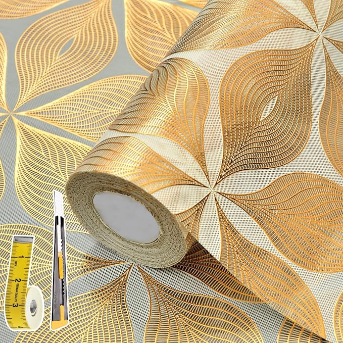 3D Drawer and Shelf Liner for Kitchen Cabinet: 12 in X 30 Ft Waterproof Shelf Paper Non Adhesive Refrigerator Liners Golden Leaf Easy Liners for Bathroom with Knife Tape Measure