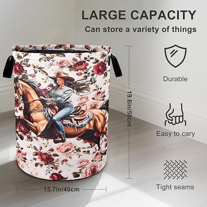 Western Girl Floral Laundry Basket Laundry Hamper With Handles Collapsible Laundry Baskets Storage Basket For Room Bathroom Bedroom Decor