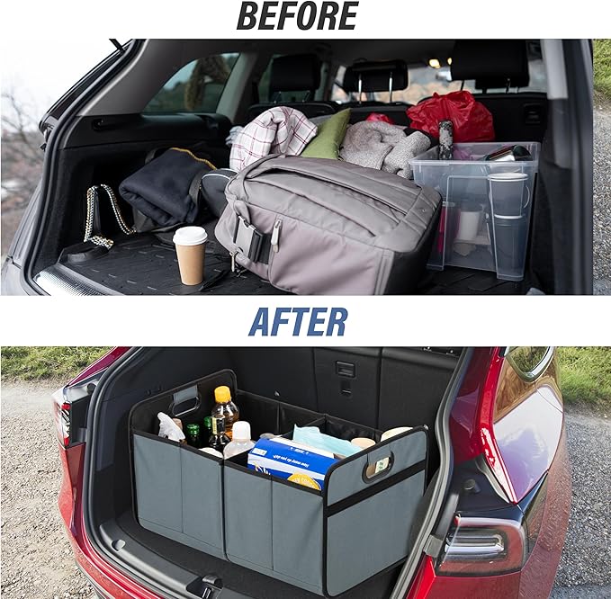 Simple Deluxe Car Trunk Organizer, 2 Compartments Collapsible Trunk Storage, Anti-slip Design, Made of Waterproof 600D Oxford Polyester, Suitable for SUV, Truck, Standard Size, Grey-Green