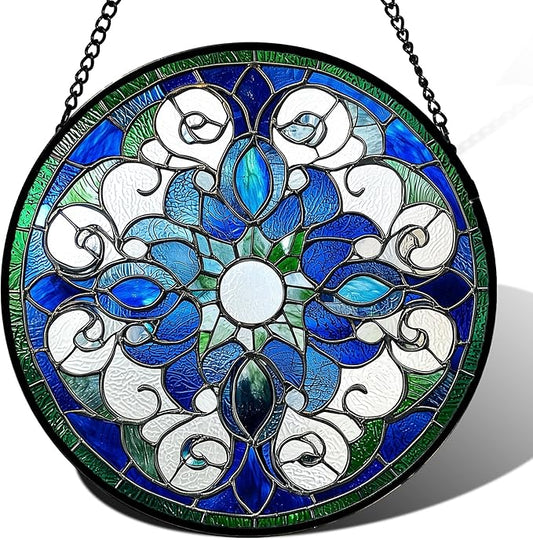 Stained Glass Window Hanging, Boho Style Sun Catchers Diamond Glass Panel Hangings Tiffany Suncatcher Decor for Birthday for Women, Men, Wife, Aunt, and Mom 14.9x14.9 in