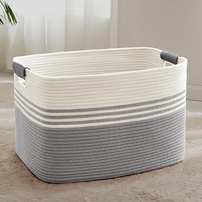 SunNewt 86L Extra Large Laundry Basket with Leather Handles for Living Room Storage, Woven Rope Baskets for Blanket, Kids Toy, Gifts, Wicker Hamper for Bedroom Dirty Clothes, 24"x16"x14" White Grey