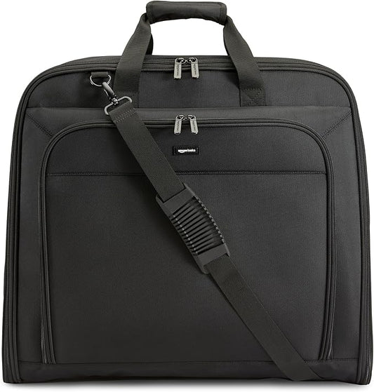 Amazon Basics 43" Travel Garment Bag Travel, Spacious Suit Bag with Detachable Shoulder Strap, Exterior/Interior Pockets, Leather-reinforced Corners, Trifold, Black