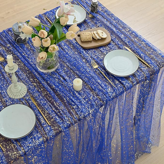 Horaldaily Royal Blue Gold Gauze Tablecloth 60x104 Inch Rectangular, Golden Sequin Glitter Metallic Foil, Sheer Tulle Cheesecloth for Wedding Baby Shower Ceremony Birthday
