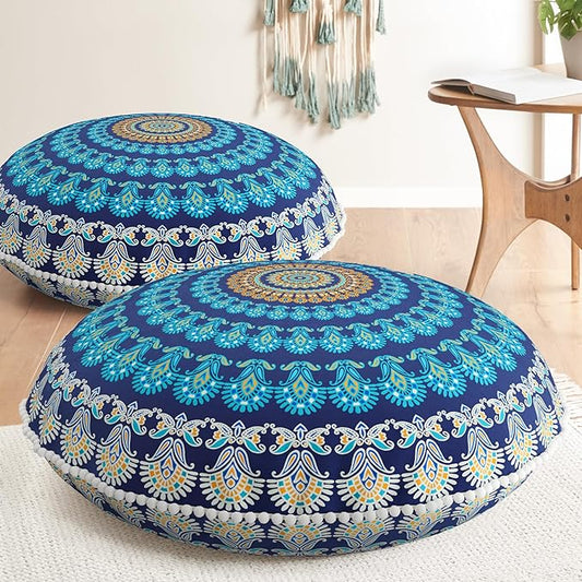 Codi Meditation Floor Pillow Set of 2, Round Large Pillows Seating for Adults, Bohemian Mandala Circle Cushion for Outdoor Fireplace Yoga Living Room, 32 Inch, Memory Foam Added, Navy