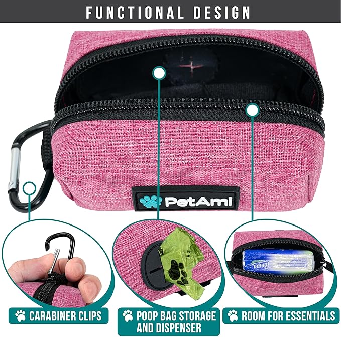 PetAmi Dog Poop Bag Holder for Leash, Dog Treat Pouch Leash, Pet Waste Bag Dispenser with Clip, Doggy Puppy Walking Accessories Supplies with 1 Dog Bag Roll (Pink, 1 Pack)