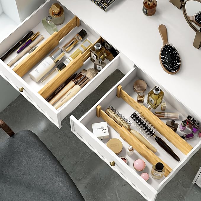 BAMEOS 4 PCS Bamboo Drawer Dividers, Adjustable Drawer Dividers, Kitchen Drawer Organization, Utensil Organizers for Kitchen, Dresser, Bathroom, Bedroom, and Office