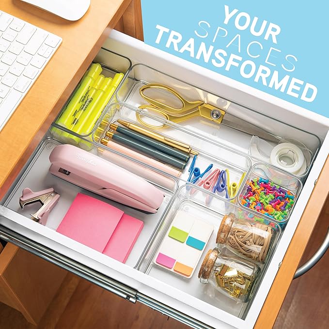 primebox Plastic Clear Drawer Organizers. Bathroom, Kitchen, Bedroom, Gadgets, Office Organizer Bins, Storage Trays. Heavy Duty, Stackable. 12" x 3" x 2" Set of 6