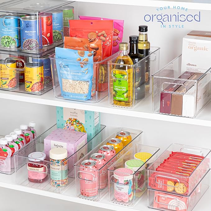Plastic Food Storage Clear Container Bin with Handles for Organizing Kitchen, Pantry, Refrigerator, Freezer, Pantry, Cabinet, Closet, Bathroom. 16”x8”x5”