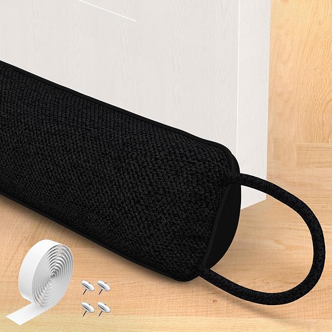 Door Draft Stopper for Bottom of Door, 36'' Heavy Duty Under Door Draft Blocker Gap Filler, Door Seal for Noise Light Cold Air, with Adhesive Strips, Black