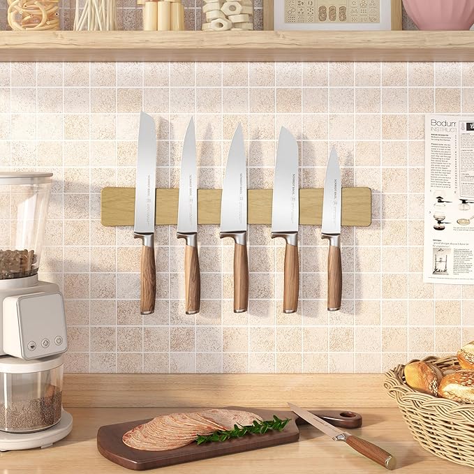 Magnetic Knife Holder for Wall, 16" Acacia Wood Knife Magnetic Strip No Drill Use as Tool Key Storage Knife Bar, Powerful Wall Mounted Knife Magnet for Refrigerator & Kitchen Utensil Organizer