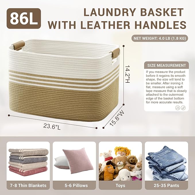 SunNewt 86L Extra Large Laundry Basket with Leather Handles for Living Room Storage, Woven Rope Baskets for Blanket, Kids Toy, Gifts, Wicker Hamper for Bedroom Dirty Clothes, 24"x16"x14" Khaki