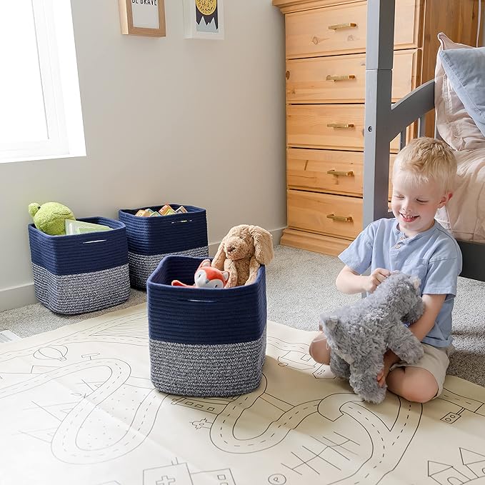 NaturalCozy Storage Cubes 11 Inch Cotton Rope Woven Baskets for Organizing, 3-Pack | Cube Storage Bin | Square Storage Baskets for Shelf Organizer, Classroom, Kids Toy Bins, Closet, Baby Nursery
