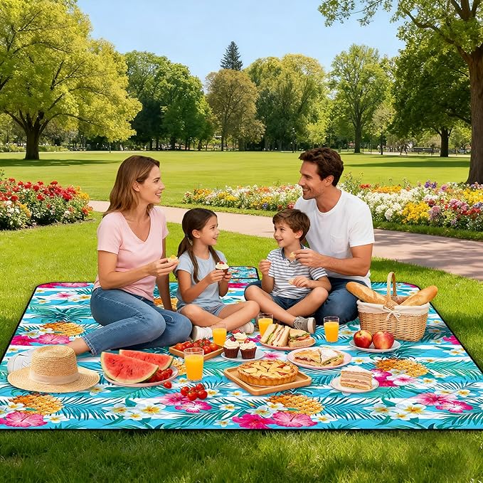 Extra Large Picnic Blanket Waterproof,80"x 80"Foldable Machine Washable Beach Blanket,Outdoor Blanket for 6-8 Adults,Suitable for Indoor Crawling,Park Beach,Camping,Hiking,Family Travel(Pineapple)