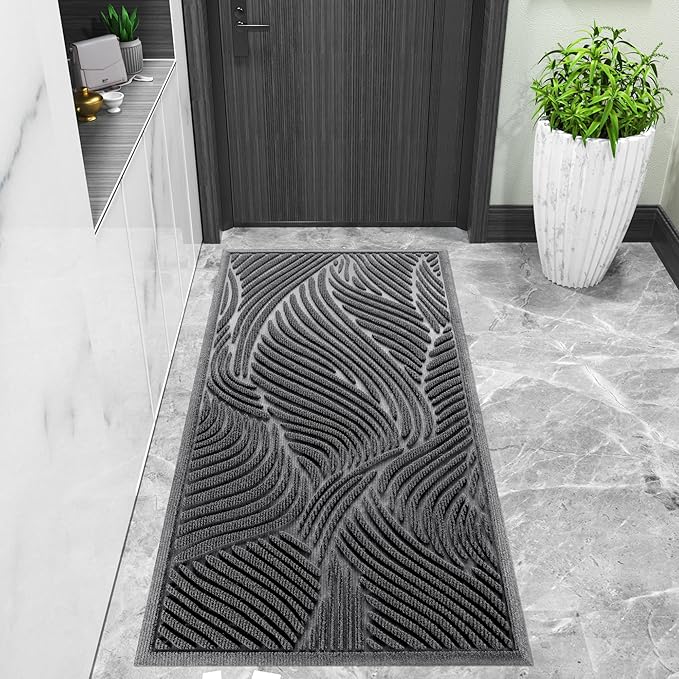 Yimobra Doormat Indoor Outdoor Entrance, Simple Stripes, All-Weather Waterproof & Non-Slip Mat for Front Door, Heavy Duty Polyester Welcome Mat for Garage, Patio-47x24, Dark Grey