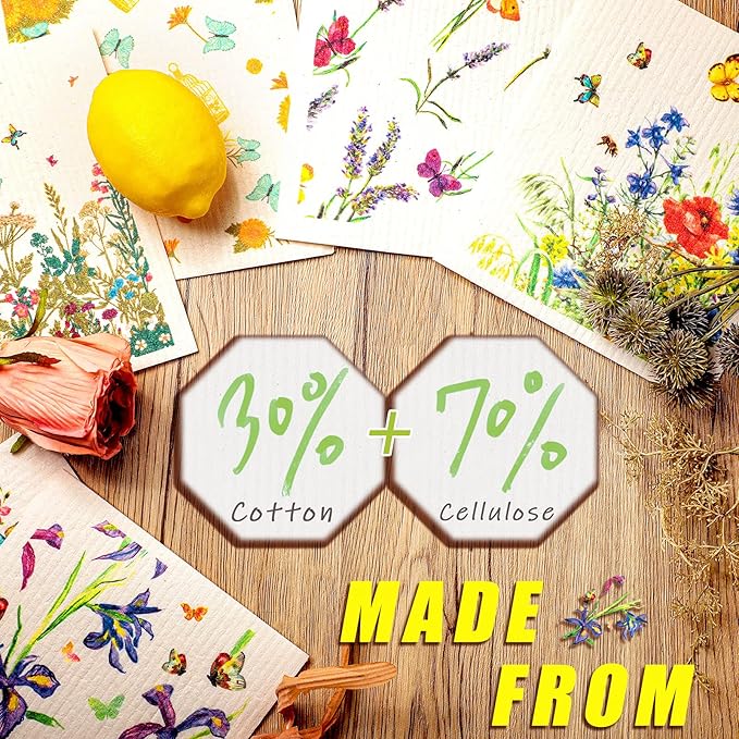 Geiserailie 6 Pieces Swedish Kitchen Dish Cloths Butterflies Wildflowers Kitchen Dish Towels Reusable Sponge Cleaning Cloths Absorbent Quick Drying Washable Wipes Hand Towel for Cleaning