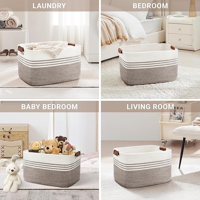 SunNewt 72L Large Laundry Basket with Leather Handles for Living Room Storage, Woven Rope Baskets Bin for Blanket, Kids Toy, Gifts, Wicker Hamper for Bedroom Dirty Clothes, 22"x17"x12" Dark Brown
