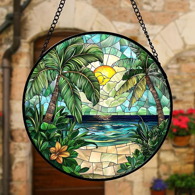 Stained Glass Window Hanging, Green Beach Scenery Suncatcher Diamond Glass Panel Hangings Sun Catchers Decor for Birthday for Women, Men, Wife, Aunt, and Mom 6.3 in