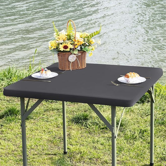 Square Fitted Table Cover Elastic Tablecloth Stretch Spandex Table Top Cover Table Topper Cap for Dining Kitchen Home Party Grey 34X34 Inch