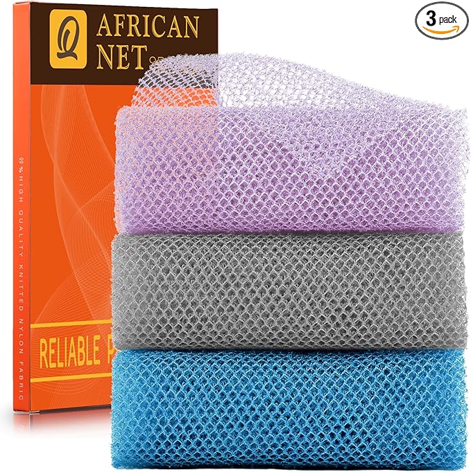 UJFQBH 3 Pieces African exfoliating net African Net Long Net Bath Sponge Exfoliating Shower Body Scrubber Back Scrubber Skin Smoother,Great for Daily Use (Purple Gray Blue)