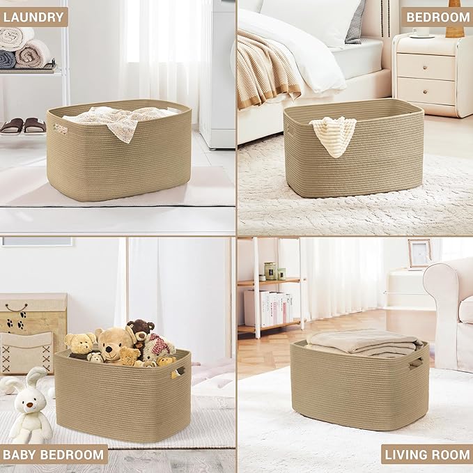 SunNewt 100L Extra Large Wicker Laundry Basket for Living Room Storage, Boho Woven Cotton Rope Baskets for Kids' Toys, Gifts, Square Blanket Hamper for Bedroom Dirty Clothes, Jute