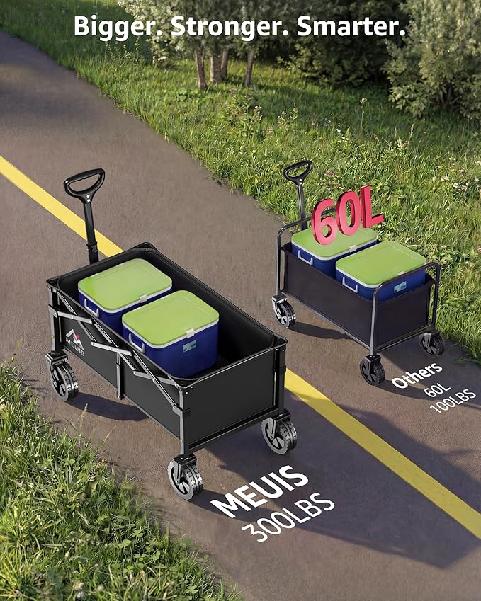 Collapsible Wagon Cart with Wheels - 300LBS Heavy Duty Folding Wagon for Groceries Shopping Outdoor Apartment Portable Foldable Utility Grocery Trolley, Black, XL